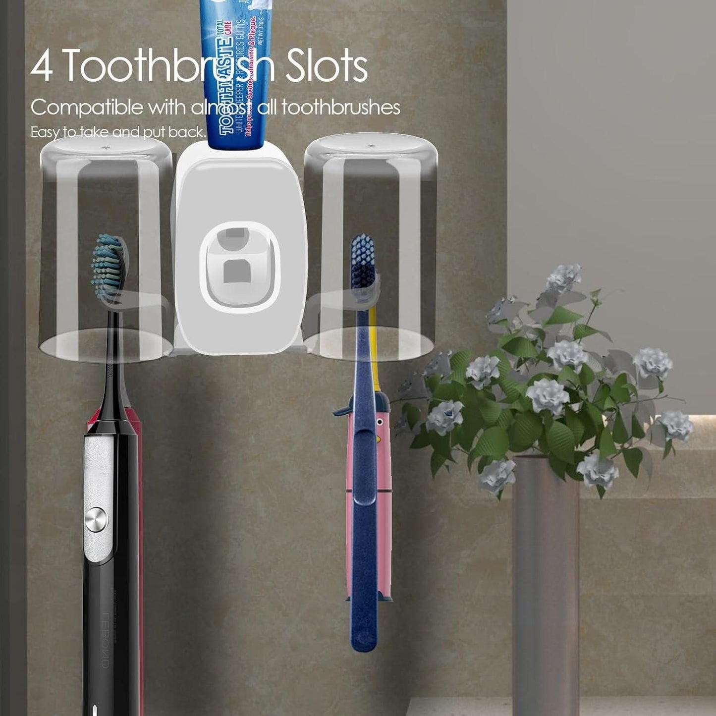 Tooth Brush Holders Set with Toothpaste Dispenser Wall Mounted